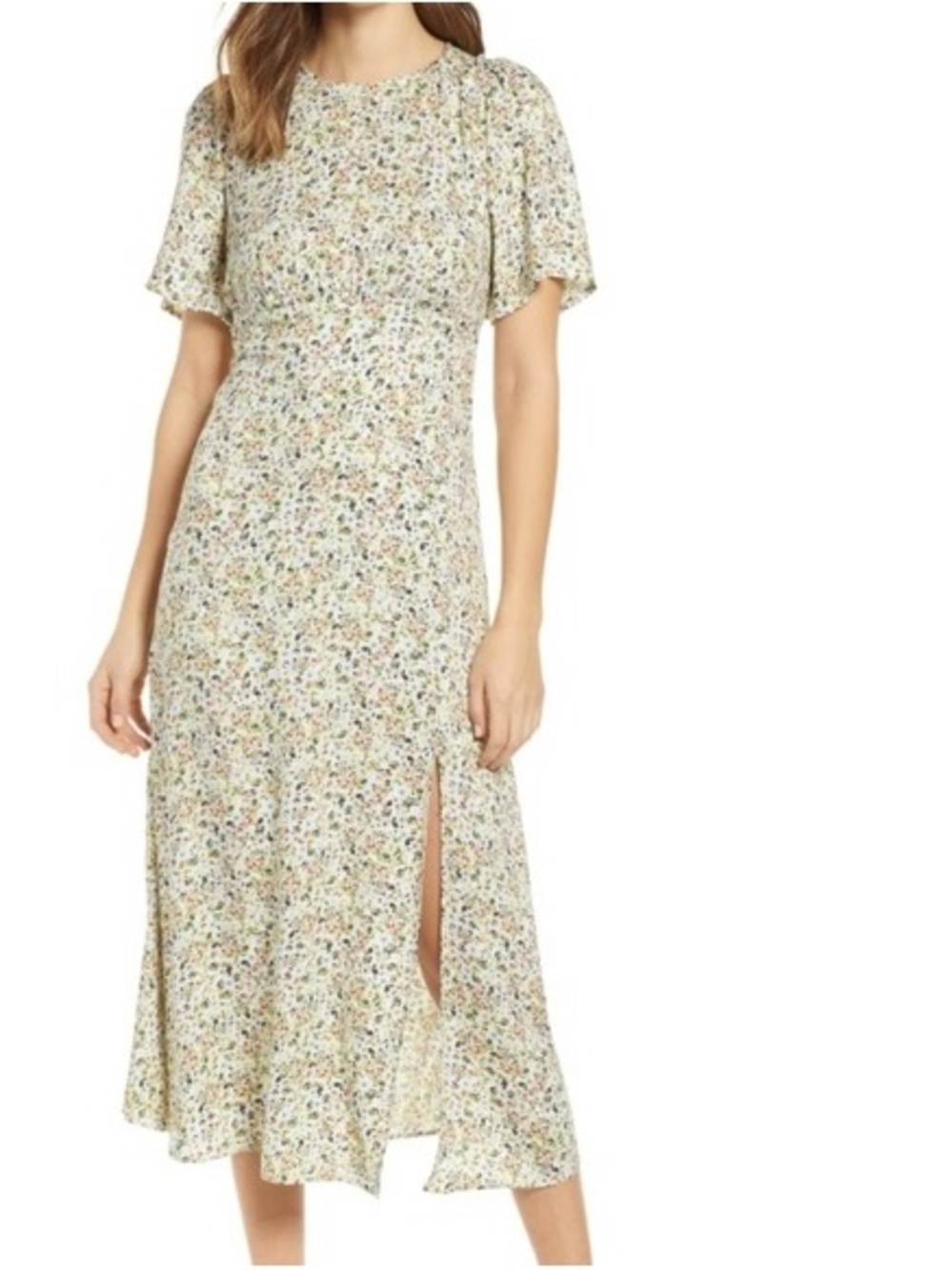 AFRM Cream Floral Midi Dress with Side Slit